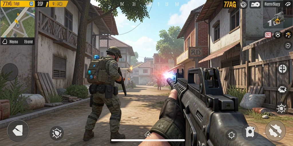 Screenshot gameplay TPS dari 77AG yang menunjukkan aksi seru.