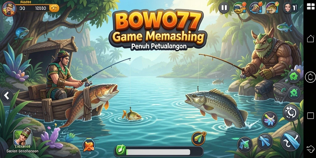 Screenshot gameplay BOWO77 dengan grafis memukau dan suasana memancing yang seru.