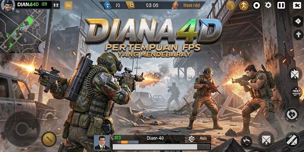 Tampilan screenshot utama DIANA4D dengan aksi tembak-menembak yang intens.