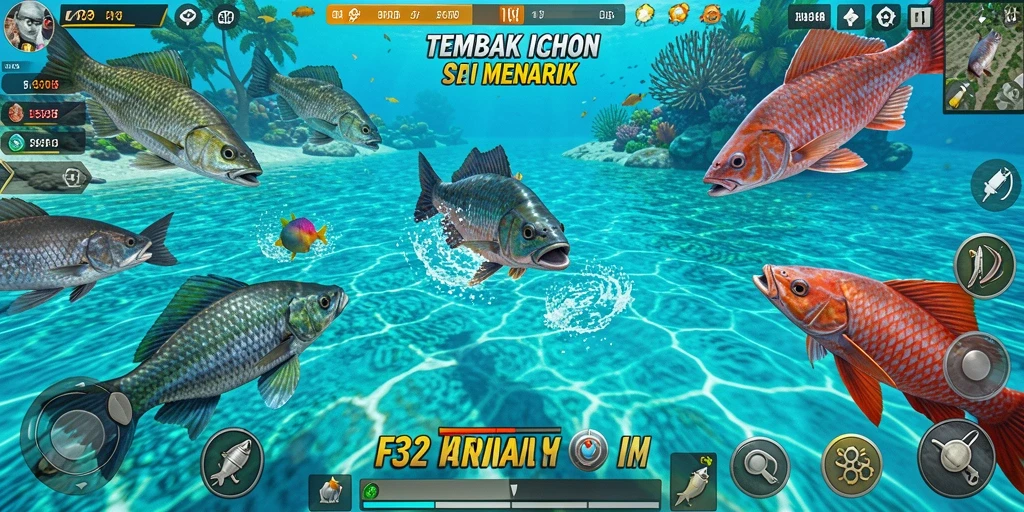 Tampilan gameplay F32 menunjukkan aksi memikat menembak ikan.