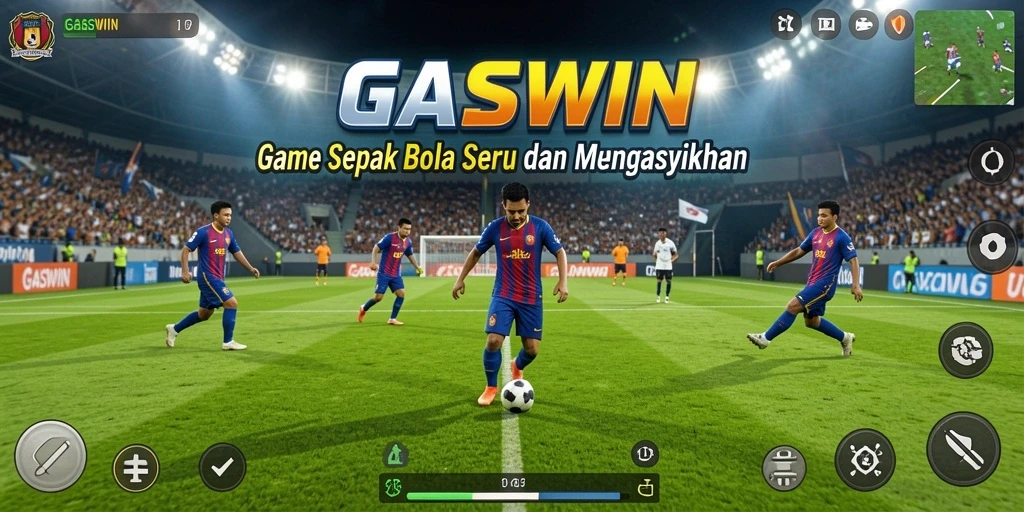 Tampilan gameplay GASWIN yang menarik dengan aksi pertandingan sepak bola.