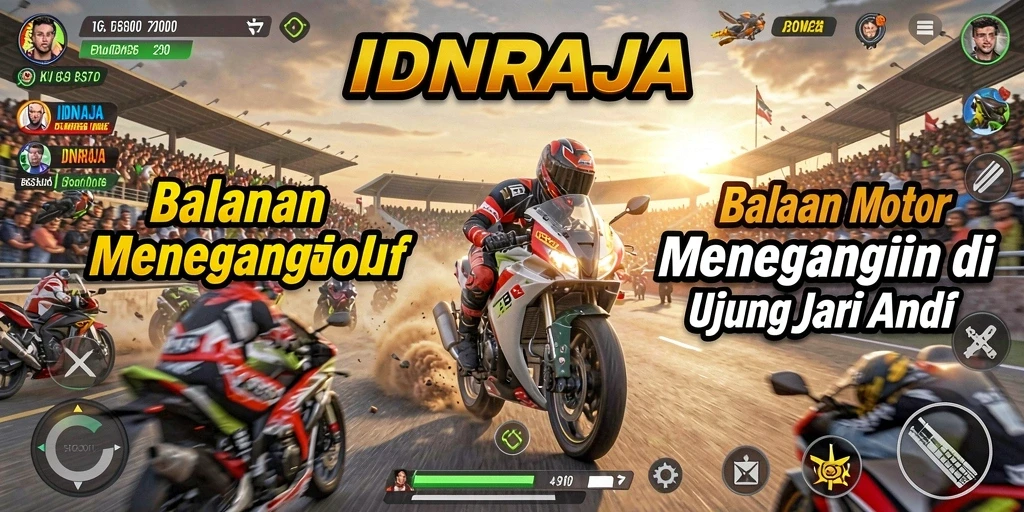 Tangkapan layar gameplay dari IDNRAJA dengan aksi balapan motor yang mendebarkan.