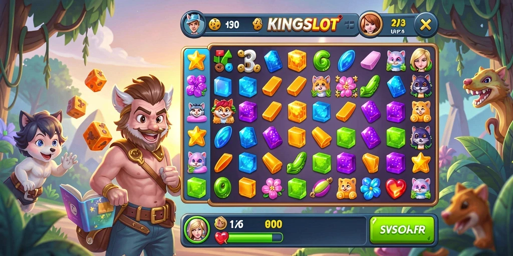 Screenshot gameplay KINGSLOT menampilkan keseruan permainan Match-3.