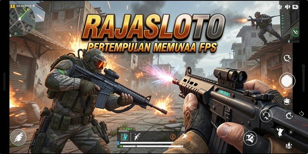 Tangkapan layar utama menunjukkan aksi intens dalam gameplay RAJASLOTO FPS.