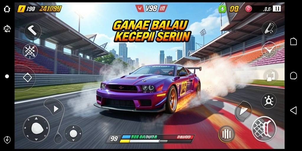Tampilan gameplay V98 saat balapan di lintasan menantang.